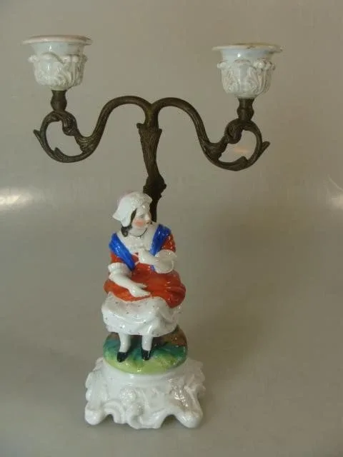Historismus Kerzenleuchter Limbach Porzellan Rokoko Figur Dame Floral Bemalt