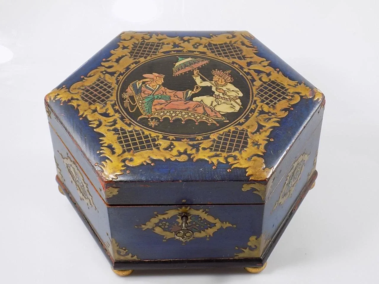 Rare Jugendstil Holzschatulle Asiatika China 6 Eckig Einlegearbeiten 20.Jhd