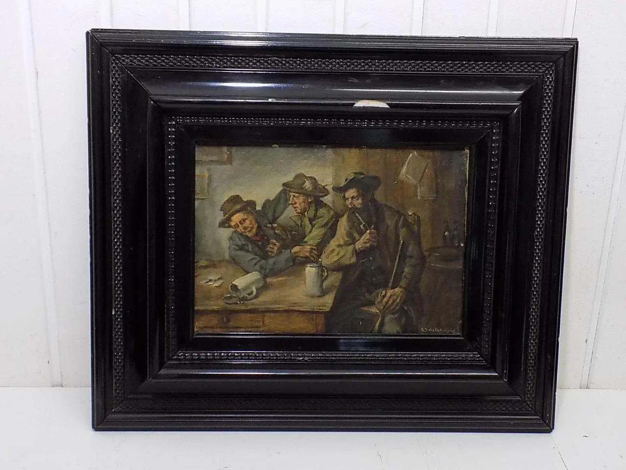 Rare Spätbiedermeier Ölgemälde Wirthauszene Signiert Holzrahmen Ölbild 20.Jhd