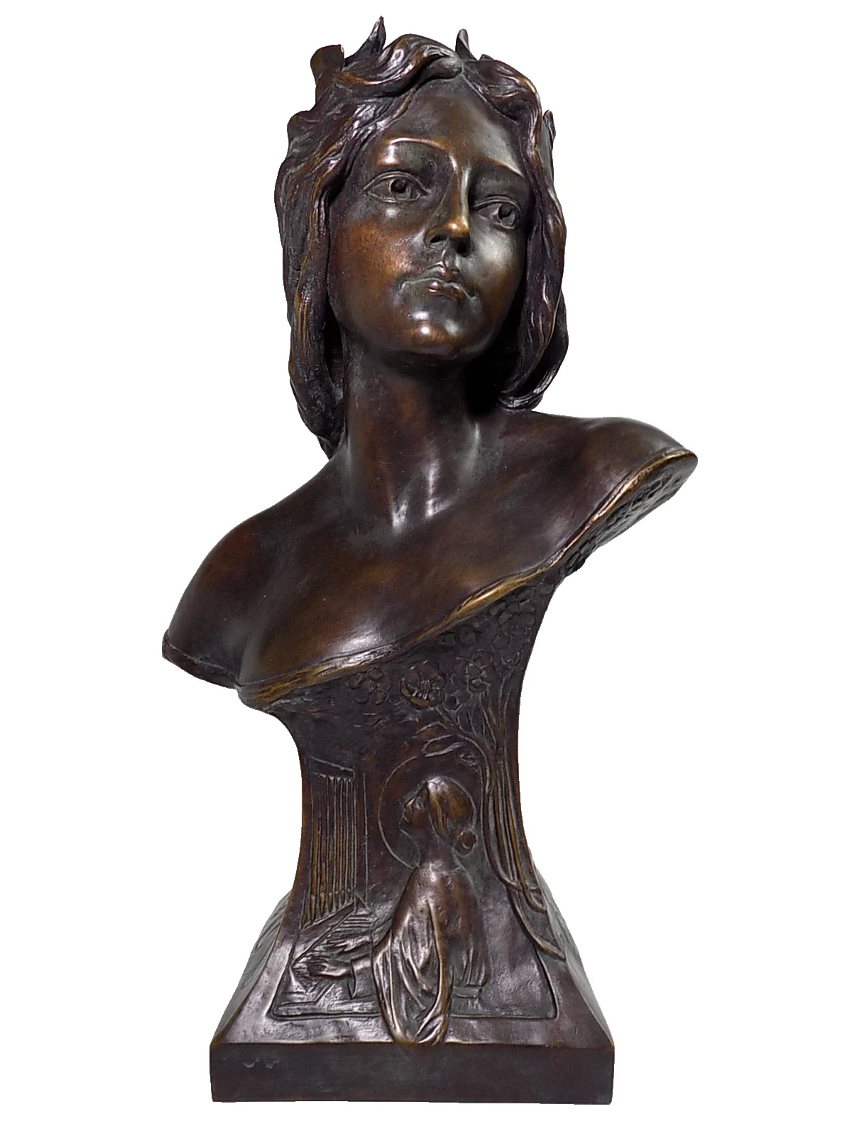 Große Jugendstil Bronze Figur Ornamentik Orgelspielerin Büste Vollplastisch