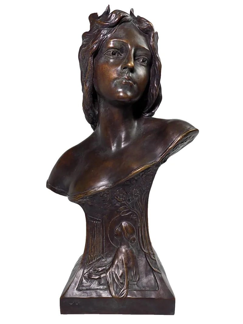 Große Jugendstil Bronze Figur Ornamentik Orgelspielerin Büste Vollplastisch
