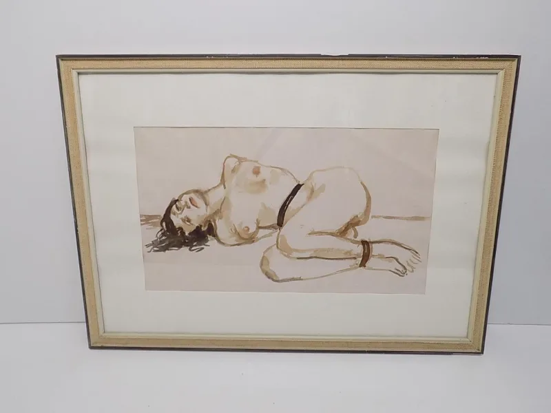 Art Kunst Tusche Malerei Akt Nude Bondage Zeichnung Erotik im Rahmen 20.Jhd