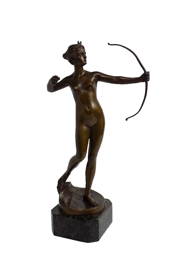 Jugendstil Bronze Skulptur Nude Diana mit Bogen sign. E.Schlipf Marmorsockel