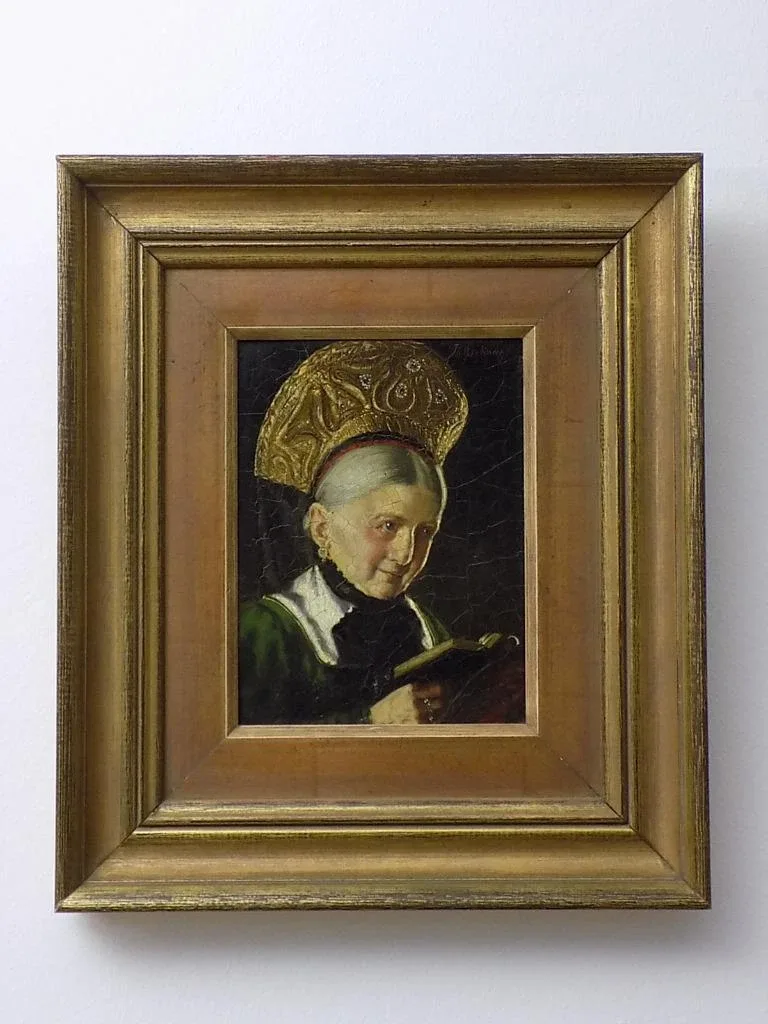 Jugendstil Ölgemälde Brustbild Frau mit Goldhaube Sign.Holzrahmen feine Malerei