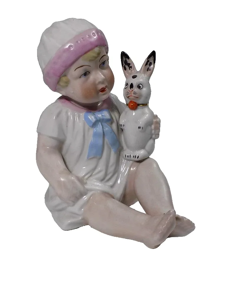Jugendstil Biskuit Porzellan Figur Mädchen mit Hase Germany 20.Jhd