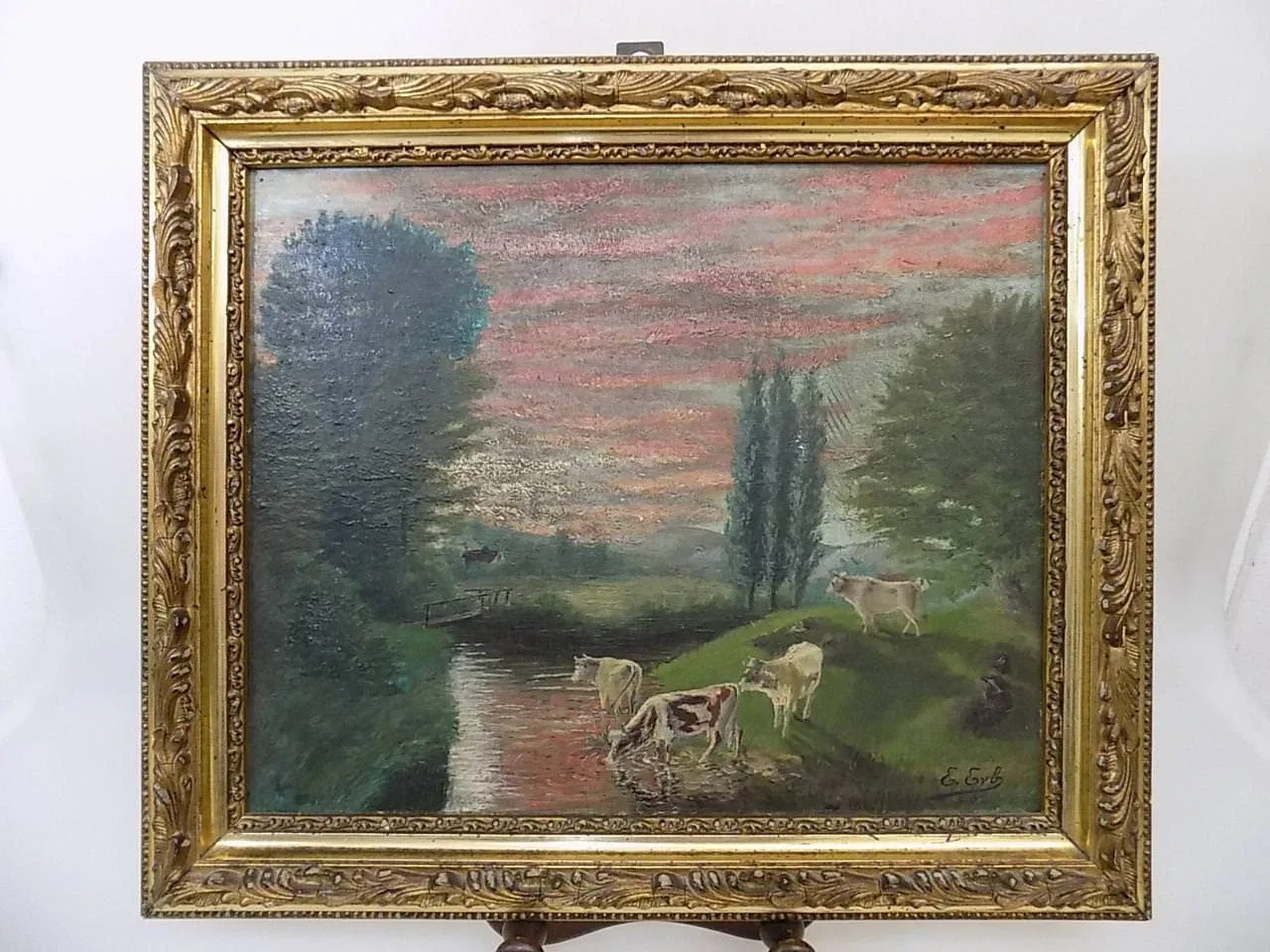 Jugendstil Ölgemälde Landschaft Kühe Ölbild auf Holz Sign.Holzrahmen 20.Jhd