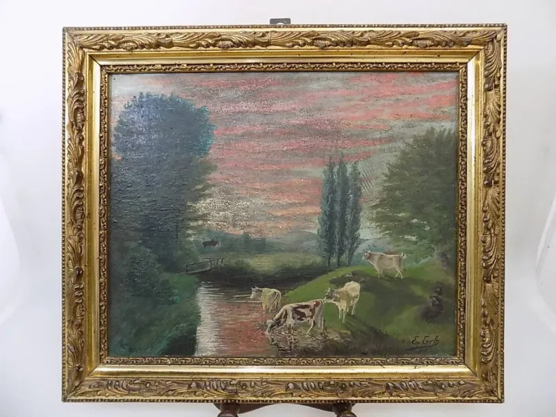 Jugendstil Ölgemälde Landschaft Kühe Ölbild auf Holz Sign.Holzrahmen 20.Jhd