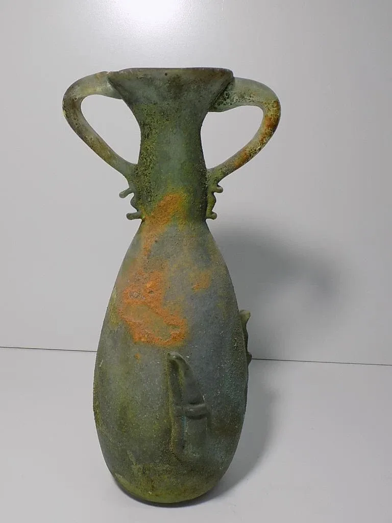 Rare Scavo Seguso Vetri D`Arte Glas Henkelvase Murano Grün Design Art Glass