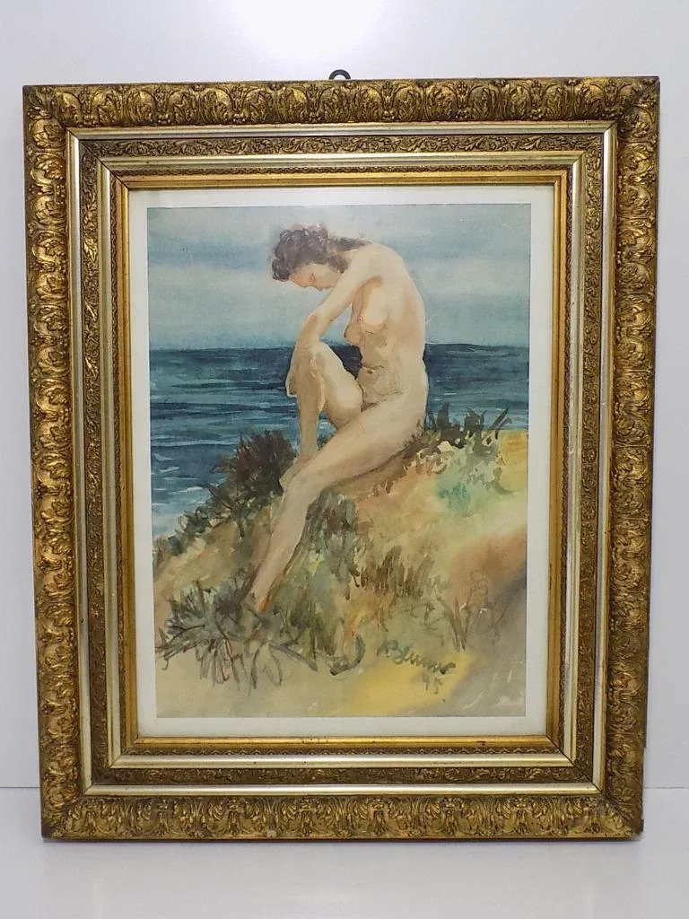 Vintage Weiblicher Akt Nude/Akt Gemälde Meer Aquarell Sig.Blumer 45 Holzrahmen