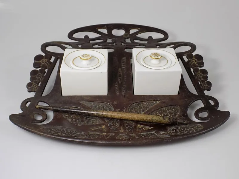 Historismus Bronze Tintenfaß Schreibtischgarnitur Inkwell KPM Berlin Porzellan