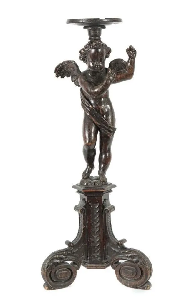 Große Neobarock Puttofigur Blumensäule Guéridon Holzfigur Nussbaum 19.Jhd