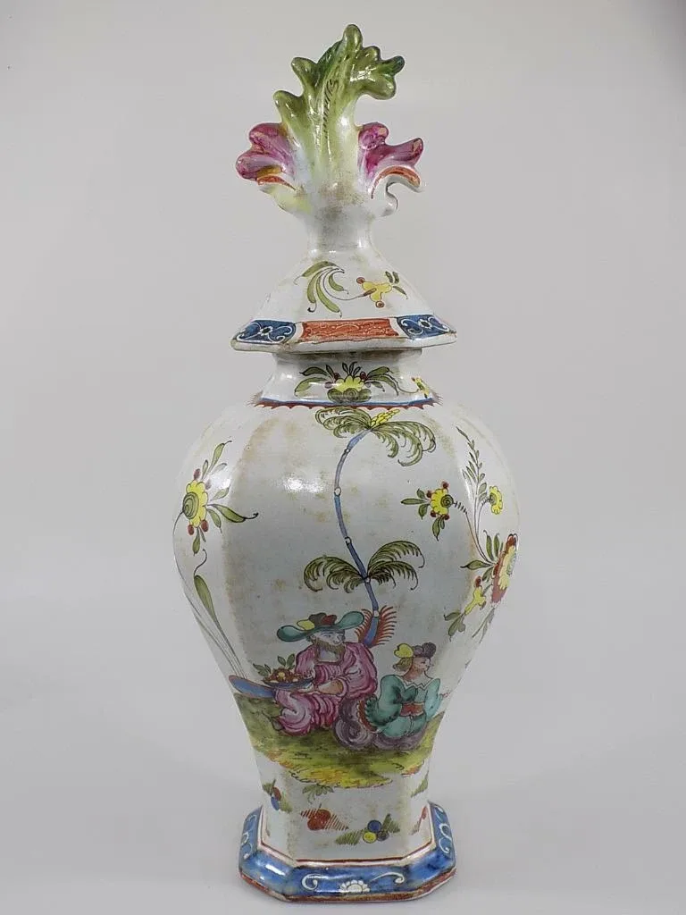 Vintage Mayolika Deckelvase Barockmotiv Italien Malerei Floral Keramik 19.Jhd
