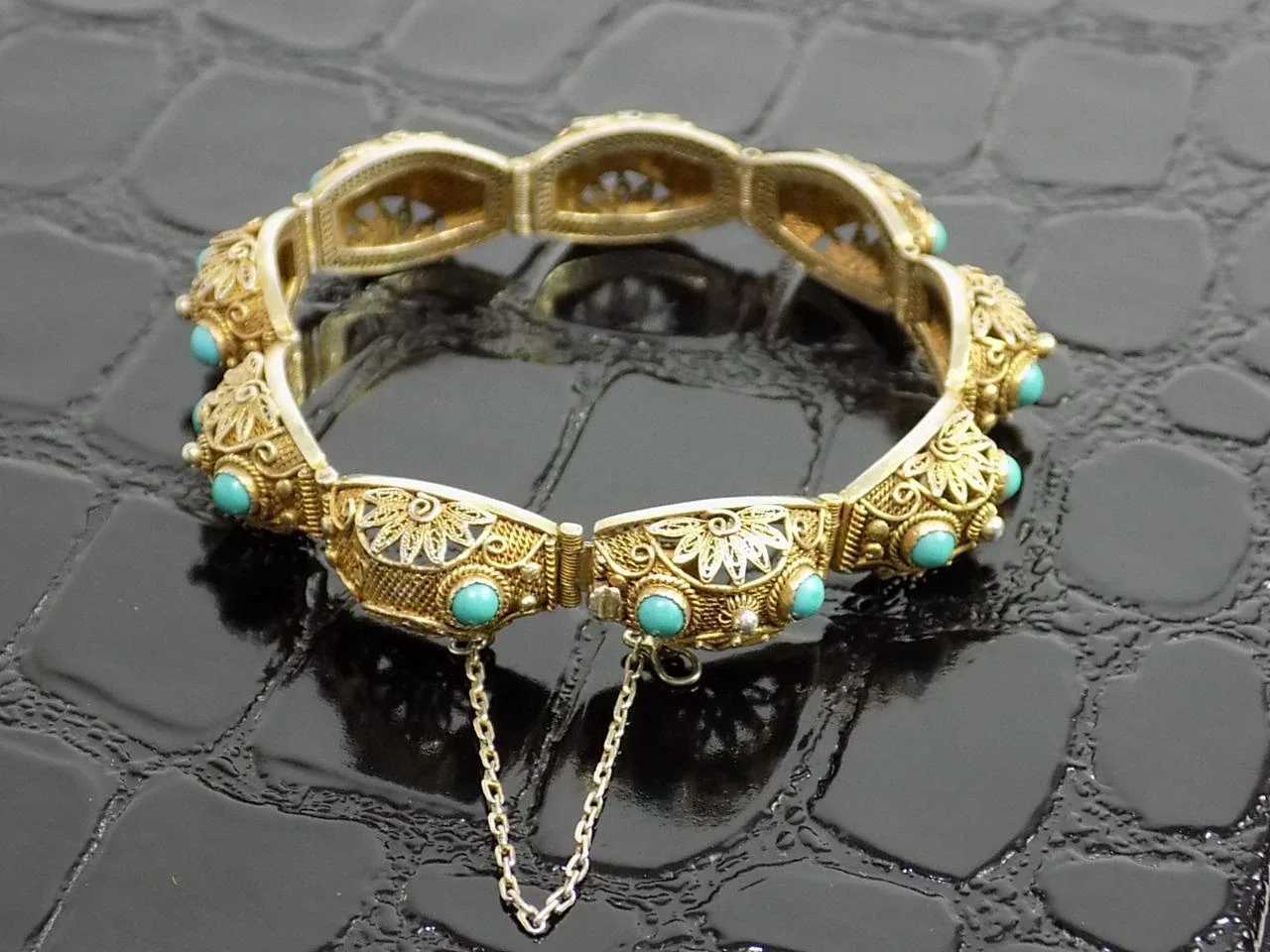 Chinesischer Export Armband Turkisen Gold Silber Filigran Floral Turkis um 1920