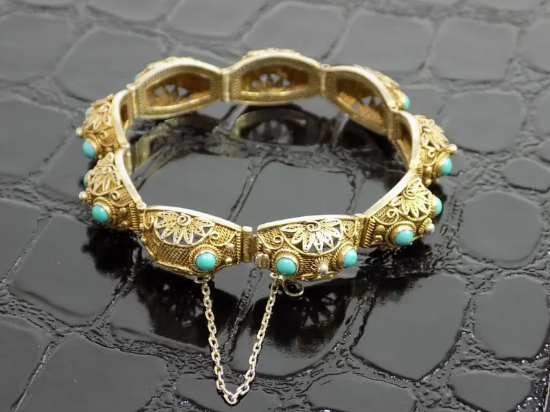 Chinesischer Export Armband Turkisen Gold Silber Filigran Floral Turkis um 1920