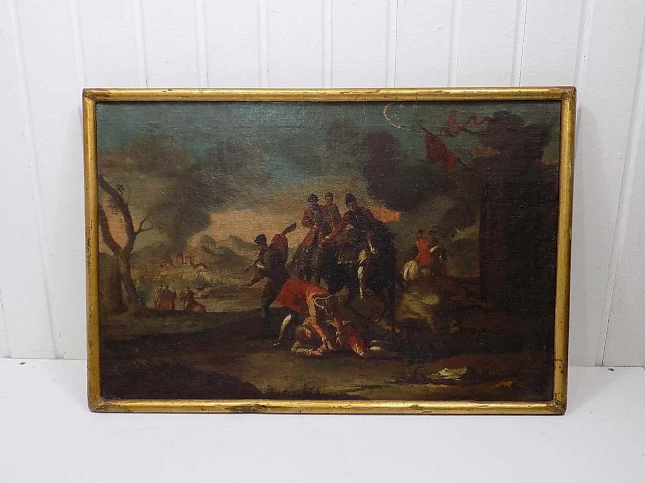 Altes Barockes Altmeister Ölgemälde Jagdunfall Soldaten Militär Malerei 18.Jhd