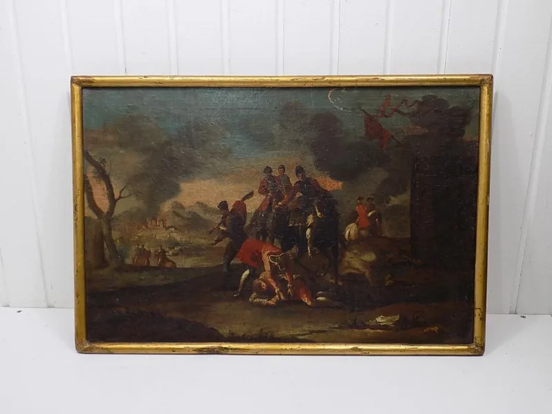 Altes Barockes Altmeister Ölgemälde Jagdunfall Soldaten Militär Malerei 18.Jhd