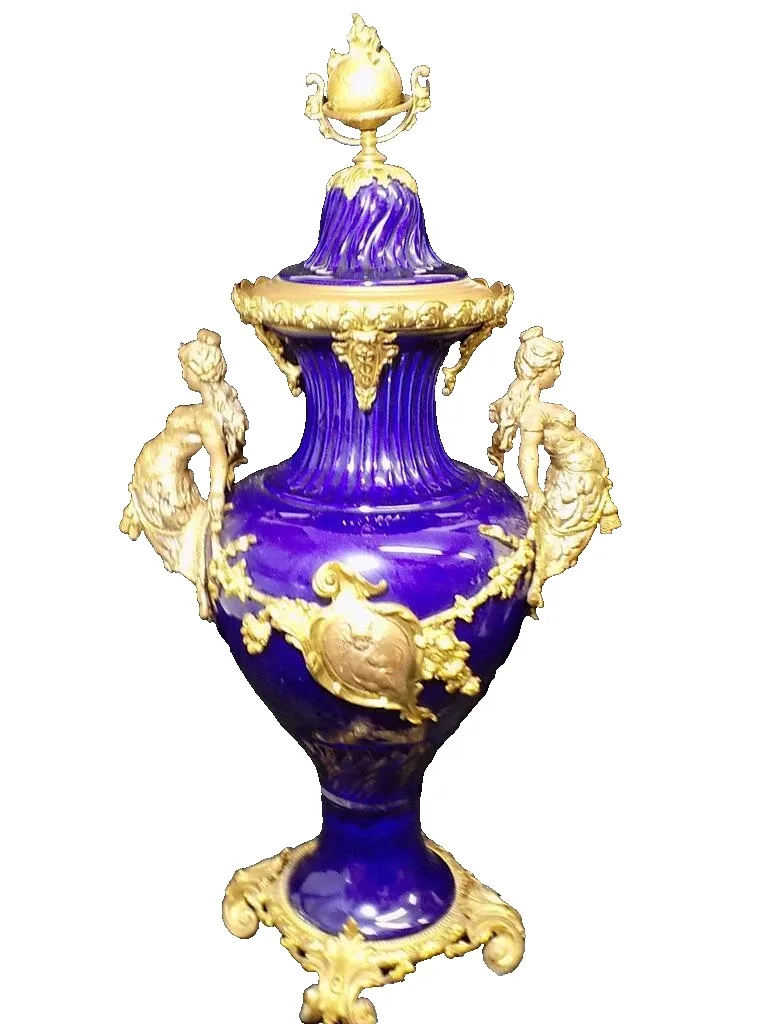 Jugendstil Prunkgefäß Weltkugel Bronze Figuren Hermesstab Floral Blaue Keramik