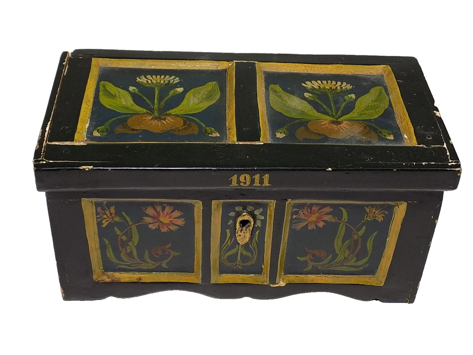 Jugendstil Alpenländische Wismut Kästchen Holz Floral Bemalt Miniatur um 1911