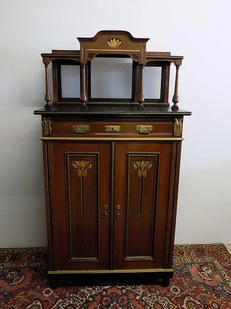 Original Jugendstil Aufsatz Vertiko Kommode Nussbaum Floral Süddeutsch 20.Jhd