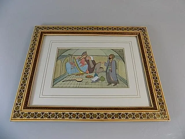 Orientalisches Gemälde Indische Persisch auf Bein Gemalt Hofzene Rahmen 20.Jhd