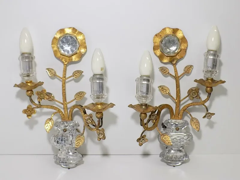 Vintage Set Wandlampen Maison Baguès Frankreich 1960 Kristall Metall vergoldet