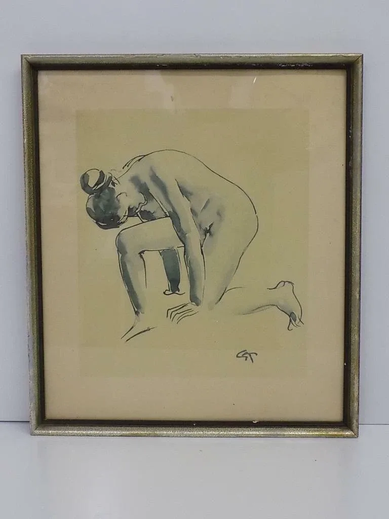 Vintage Weiblicher Akt Kniend Nude/Akt Sign.GK Holzrahmen 20.Jhd