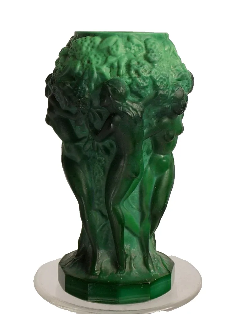 Gablonz Böhmen Art Deco Schlevogt Vase Malachit Akt Nude Zene Jadeglas 20.Jhd