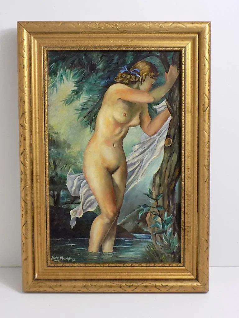 Antikes Gemälde Weiblicher Akt Nude/ beim Baden Öl Holzrahmen Sign.L.Markt 47