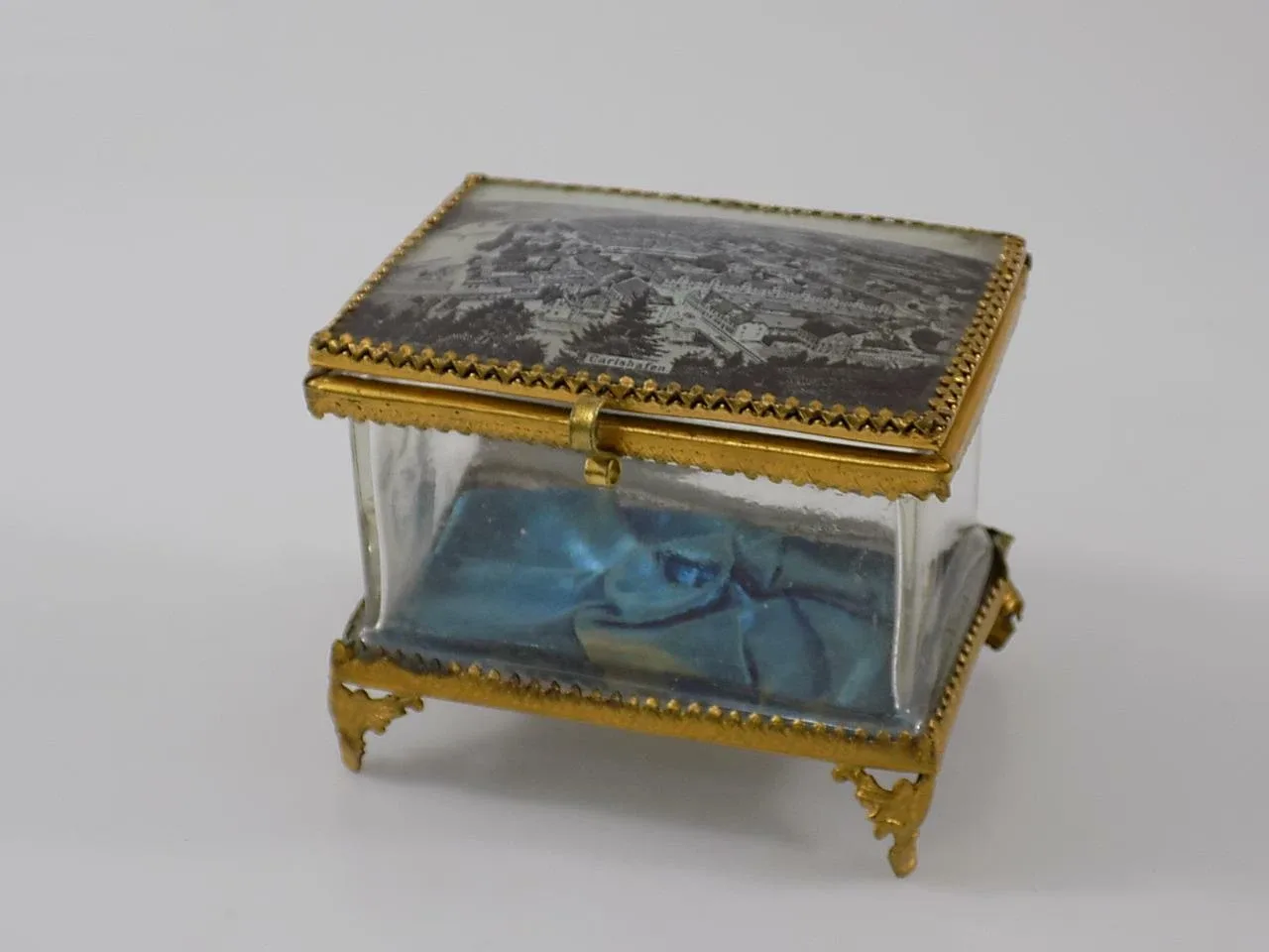 Rare Biedermeier Schatulle Dose Messing Stadtansicht Verziert Glas Samt 20.Jhd