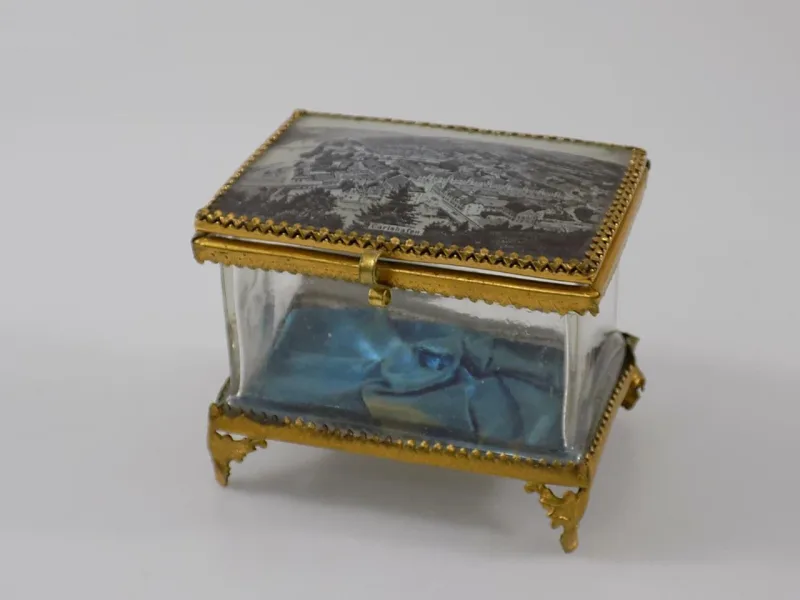 Rare Biedermeier Schatulle Dose Messing Stadtansicht Verziert Glas Samt 20.Jhd
