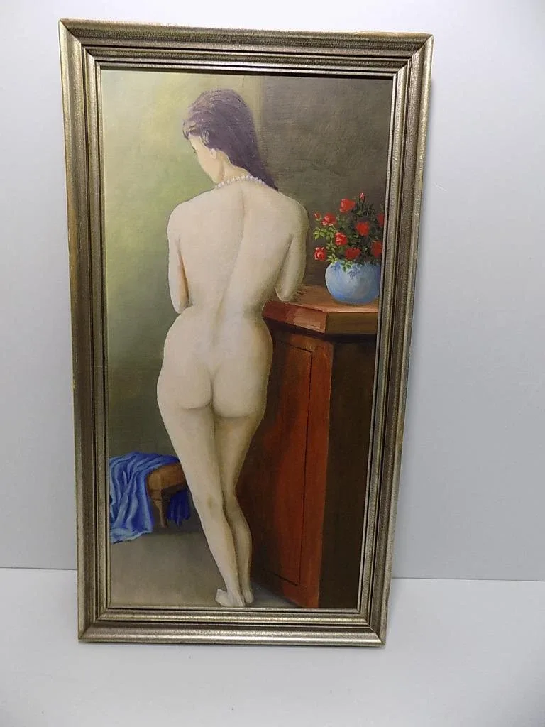 Schöner Weiblicher Akt Nude/Frauenakt Gemälde Öl Rückenansicht Holzrahmen 20.Jhd