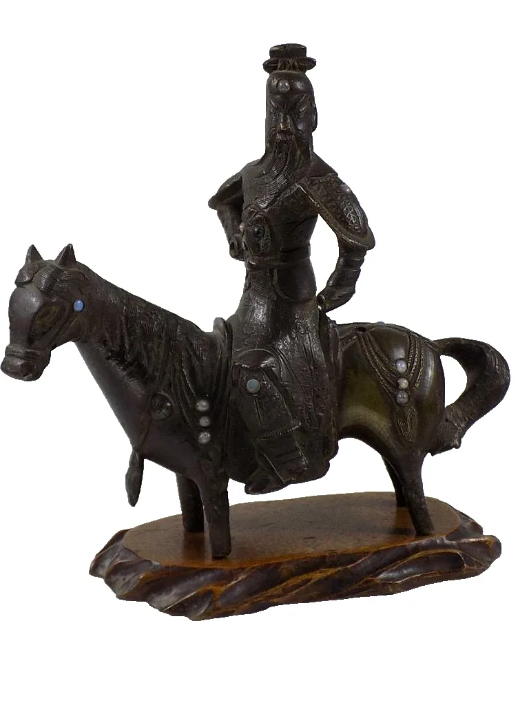 Uralte Asiatika Bronze Skulptur Krieger Reiter zu Pferd Tang Perlen Sockel Asia