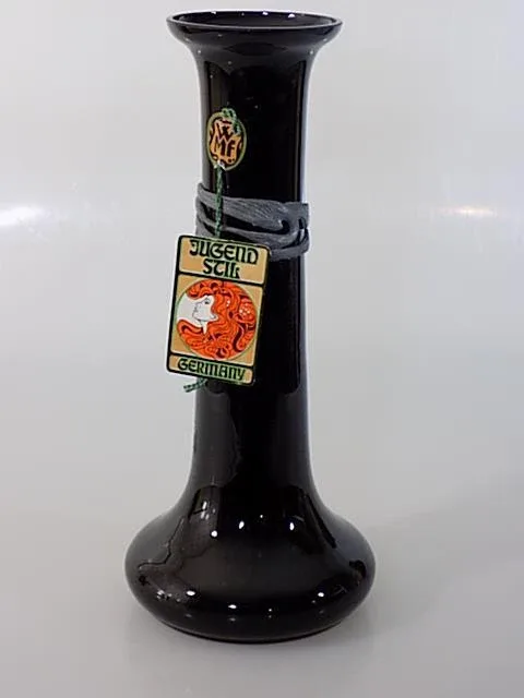 Art Noveau WMF Ikora Vase Hyalithglas Schwarz Metallmontur Schwan 20.Jhd