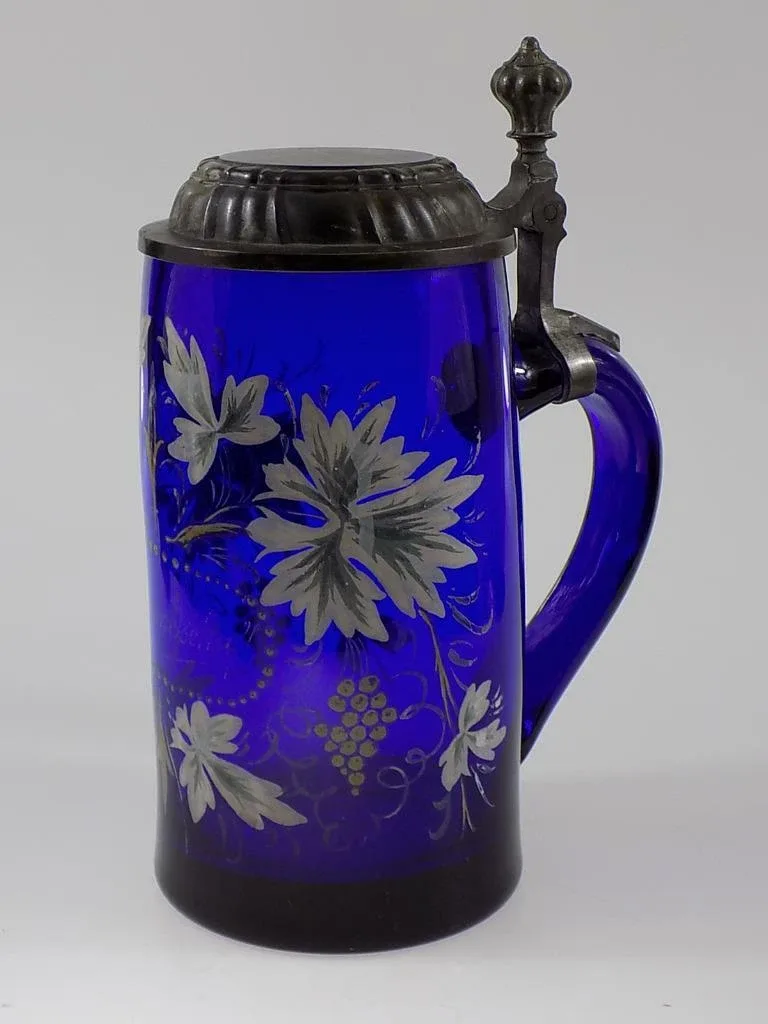 Rare Blauer Jugendstil Krug mit Zinndeckel Montur Emaile bemalt floral 20.Jhd