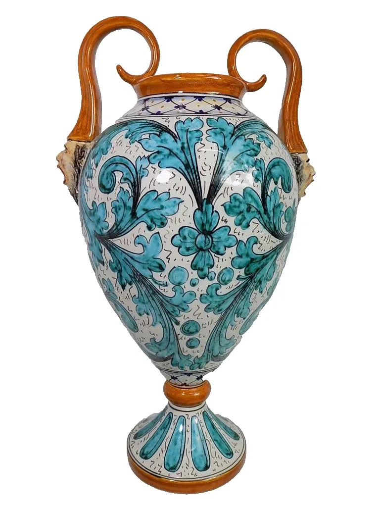 Große Prunk Henkelvase Keramik Caltagirone B.A.C.A. M.38 Italien Majolika 20.Jhd