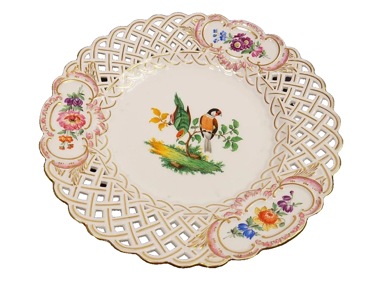 Antiker Meissen Durchbruch Teller Vogelmalerei Blumen Porzellan Goldrand 20.Jhd
