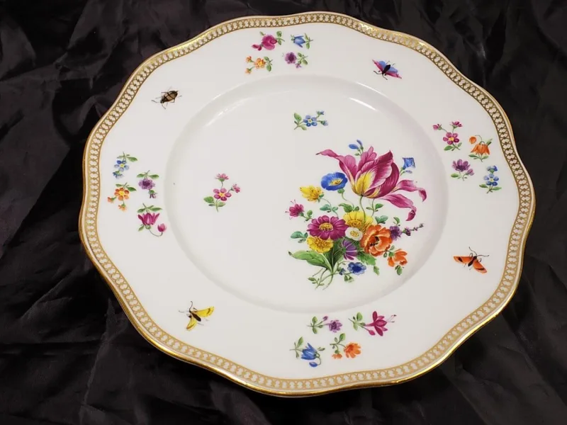 Antik Meissen Teller Neubrandenstein Insekten Blumen Bouquet Porzellan Goldrand