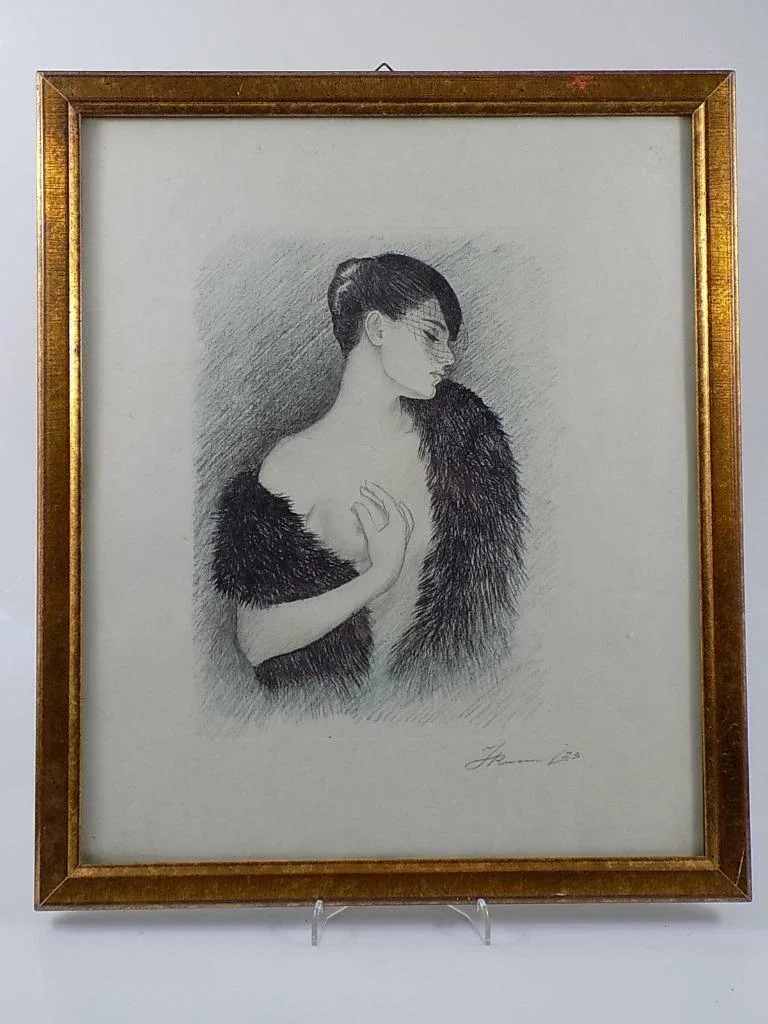 Rare Art Deco Frauenakt Akt Nude Madam Butterfly Bleistift/Kohle Malerei Rahmen
