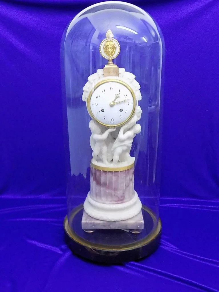 Biedermeier Prunkuhr Marmor Feuerveroldet Glasdom Kaminuhr Reich Verziert 19.Jhd