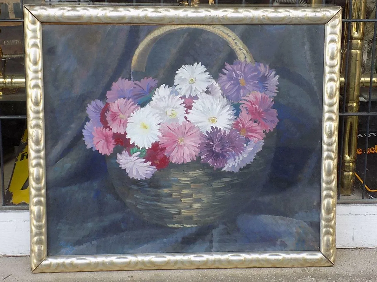 Jugendstil Ölbild Stillleben Blumen im Korb Sign.H.Frey Holzrahmen um 1913