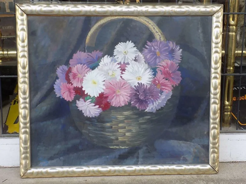 Jugendstil Ölbild Stillleben Blumen im Korb Sign.H.Frey Holzrahmen um 1913