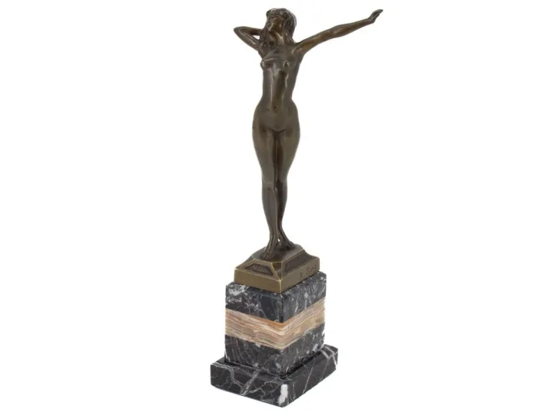 Jugendstil Bronze Skulptur Frauenakt Nude streckender Pose Sign. M.Piers 20.Jhd