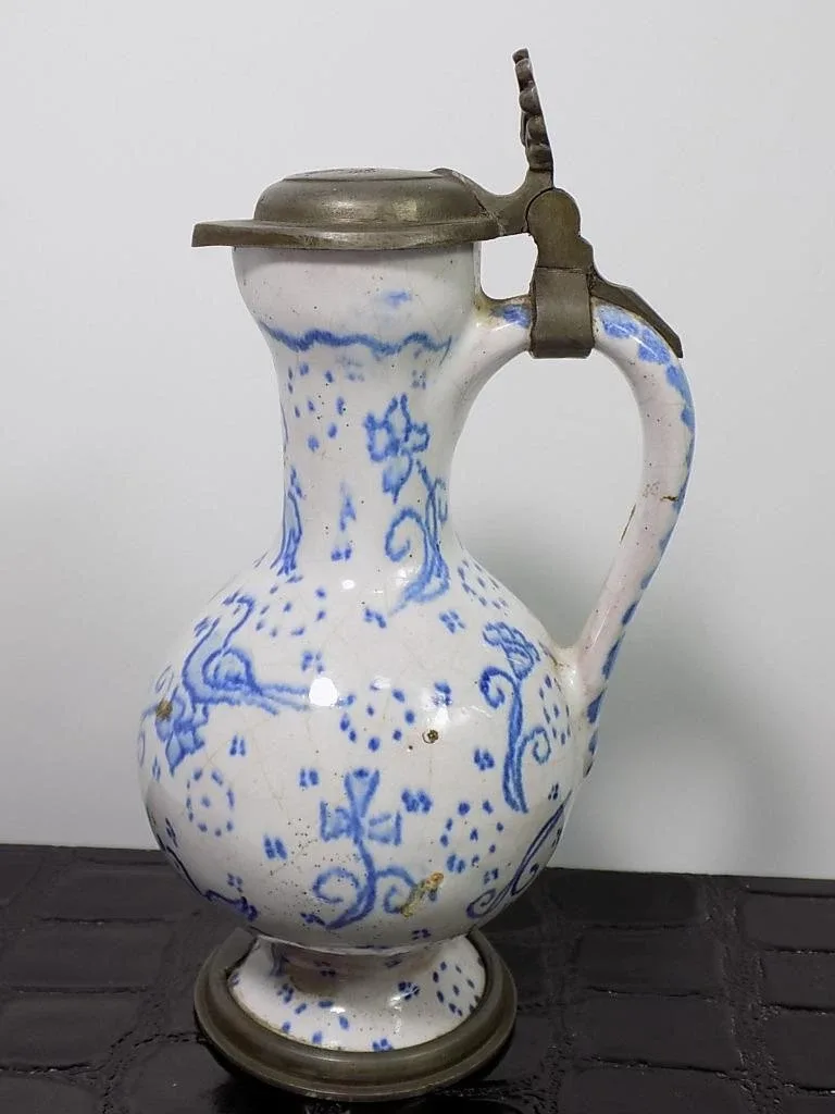 Kleiner Fayencekrug Zinnmontur Enghalskrug Vogelmotiv Blumenmalerei Ansbach 1780