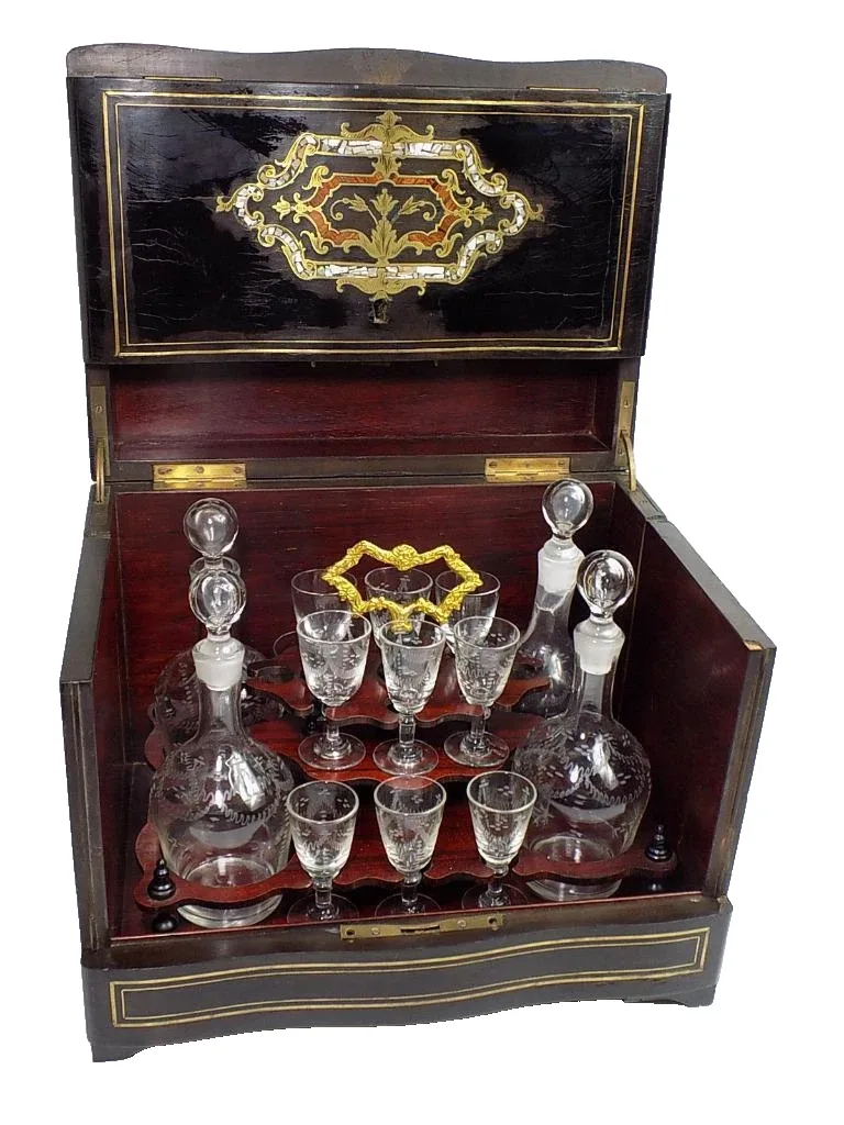 Historismus Tantalus Cave a Liqueur Reisebar Perlmutt Intarsien Frankreich 1860