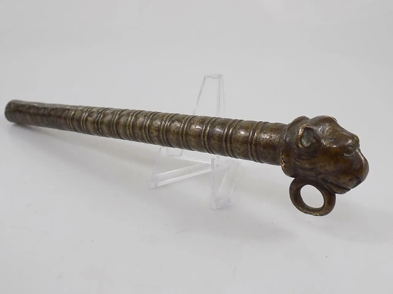Rare Jugendstil Bronzestab Figürlich Löwenkopf Bronze Skulptur 20.Jhd