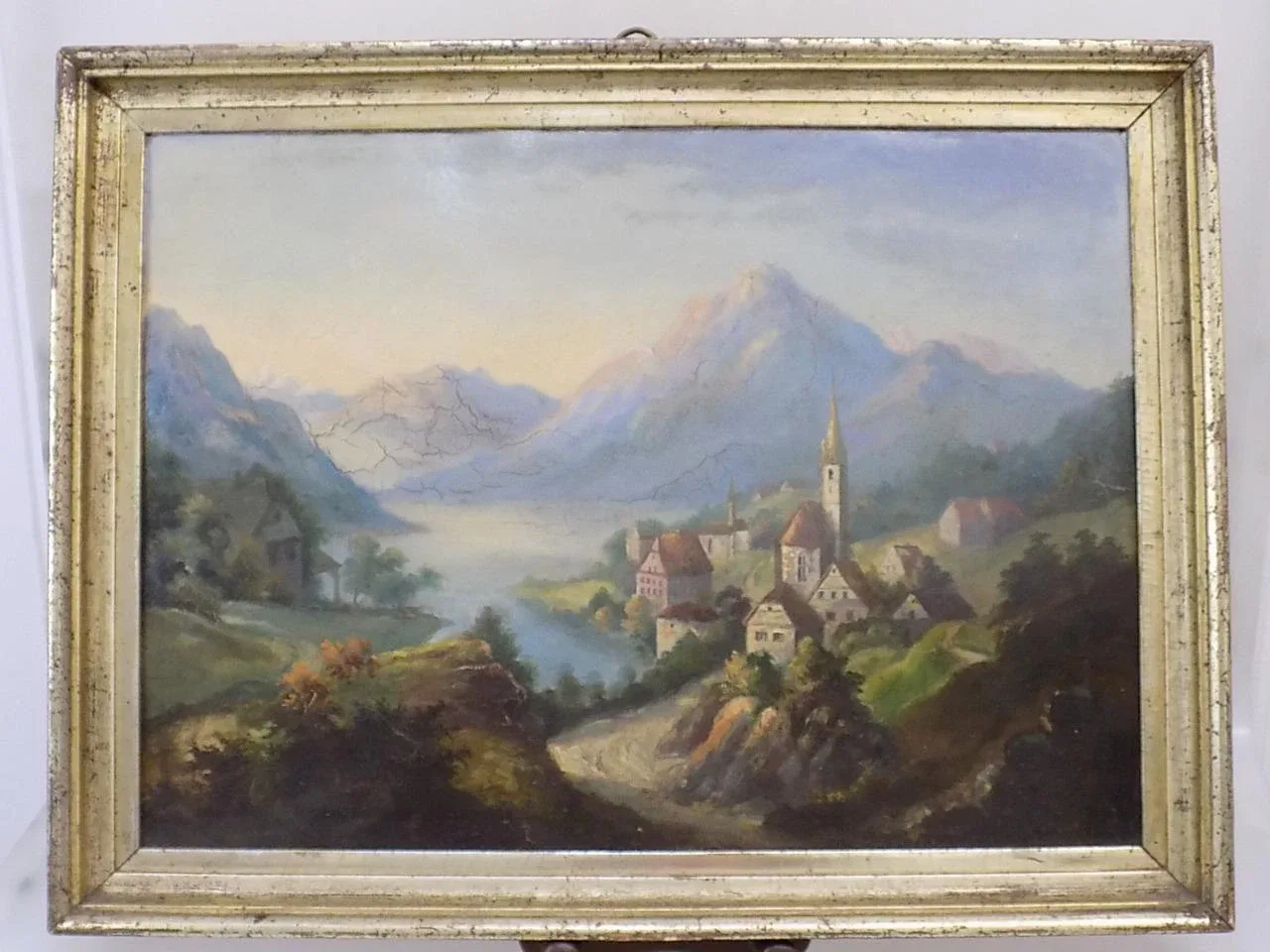 SPÄTBIEDERMEIER ÖLGEMÄLDE DORFLANDSCHAFT ÖLBILD PAPPE/KARTON HOLZRAHMEN 19.JHD