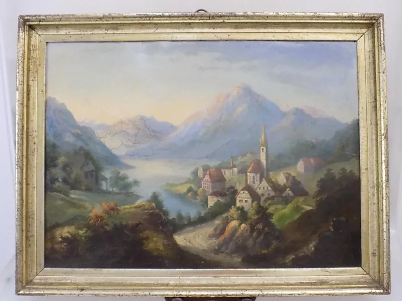 SPÄTBIEDERMEIER ÖLGEMÄLDE DORFLANDSCHAFT ÖLBILD PAPPE/KARTON HOLZRAHMEN 19.JHD