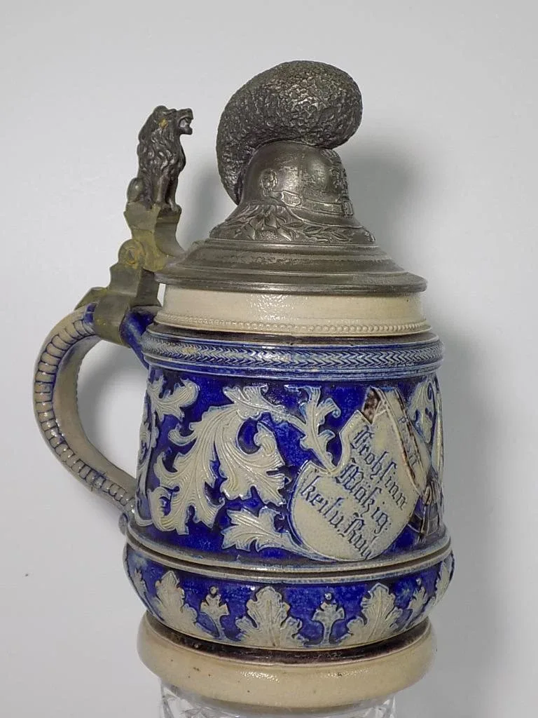 Reservistenkrug Bayern Zinndeckel Pickelhaupe Drücker Löwe Steinzeug um 1900