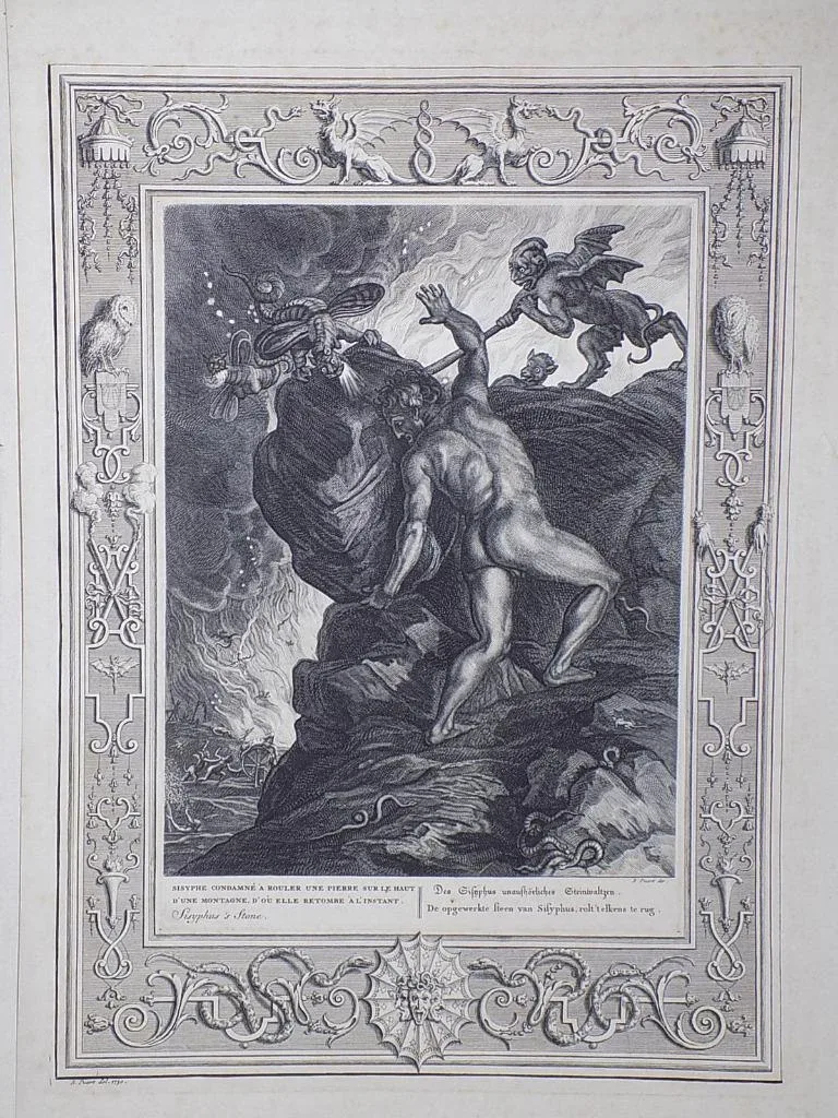 Kupferstich Bernard Picart Sisyphos ist Stein aus Der Tempel der Musen 1730