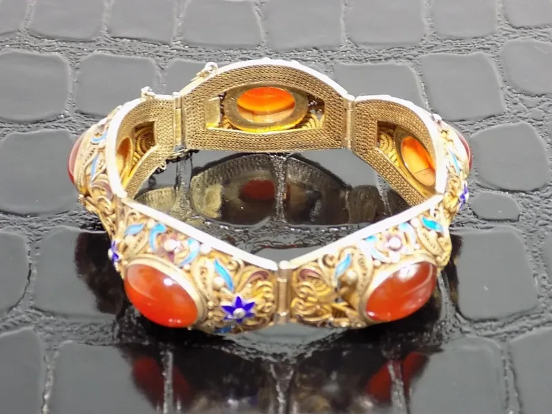 Chinesischer Export Emailliertes Armband Karneol Gold Silber Filigran um 1920